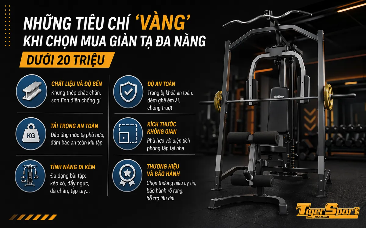Infographic hướng dẫn chọn mua giàn tạ đa năng dưới 20 triệu, với các tiêu chí chất liệu, tải trọng, tính năng và độ an toàn.