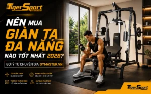 Hình ảnh tổng quan giàn tạ đa năng hiện đại đặt trong không gian gia đình, minh họa sự tiện lợi khi tập gym tại nhà cùng Gymaster.