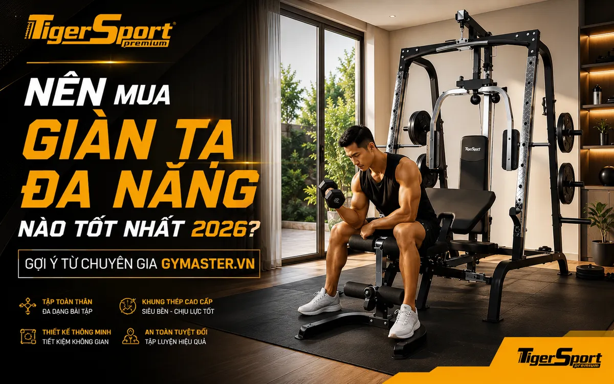 Hình ảnh tổng quan giàn tạ đa năng hiện đại đặt trong không gian gia đình, minh họa sự tiện lợi khi tập gym tại nhà cùng Gymaster.