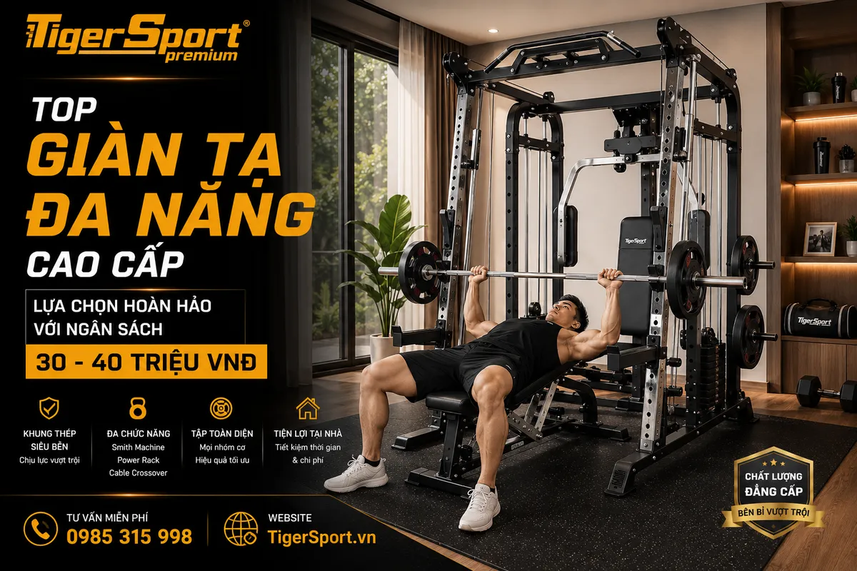 Giàn tạ đa năng cao cấp Tiger Sport TGH-999 trong không gian phòng gym tại nhà sang trọng, thiết bị tập gym đa năng cho mọi bài tập thể hình, đầu tư sức khỏe hiệu quả.