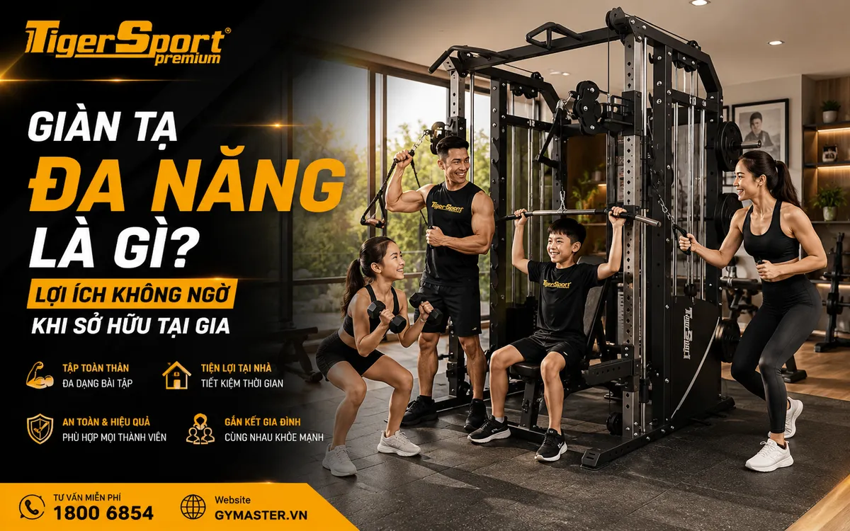 Gia đình hạnh phúc tập luyện vui vẻ với giàn tạ đa năng tại nhà, thể hiện lợi ích về sức khỏe và gắn kết gia đình.
