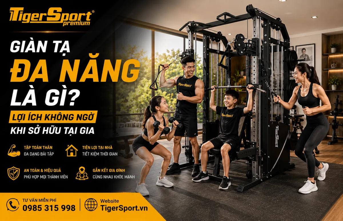Gia đình hạnh phúc tập luyện vui vẻ với giàn tạ đa năng tại nhà, thể hiện lợi ích về sức khỏe và gắn kết gia đình.
