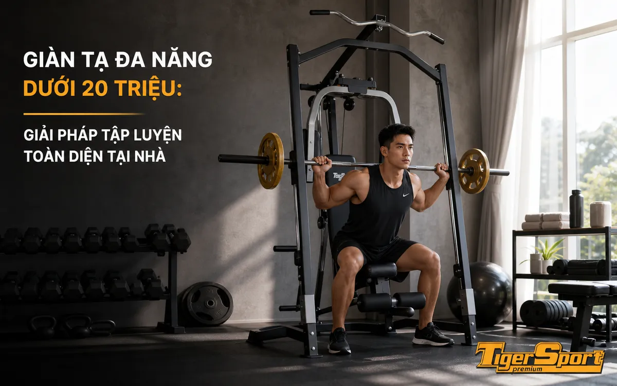 Người tập luyện trên giàn tạ đa năng Tiger Sport TGH-997 tại nhà, không gian gọn gàng, hiệu quả cho mọi gia đình.