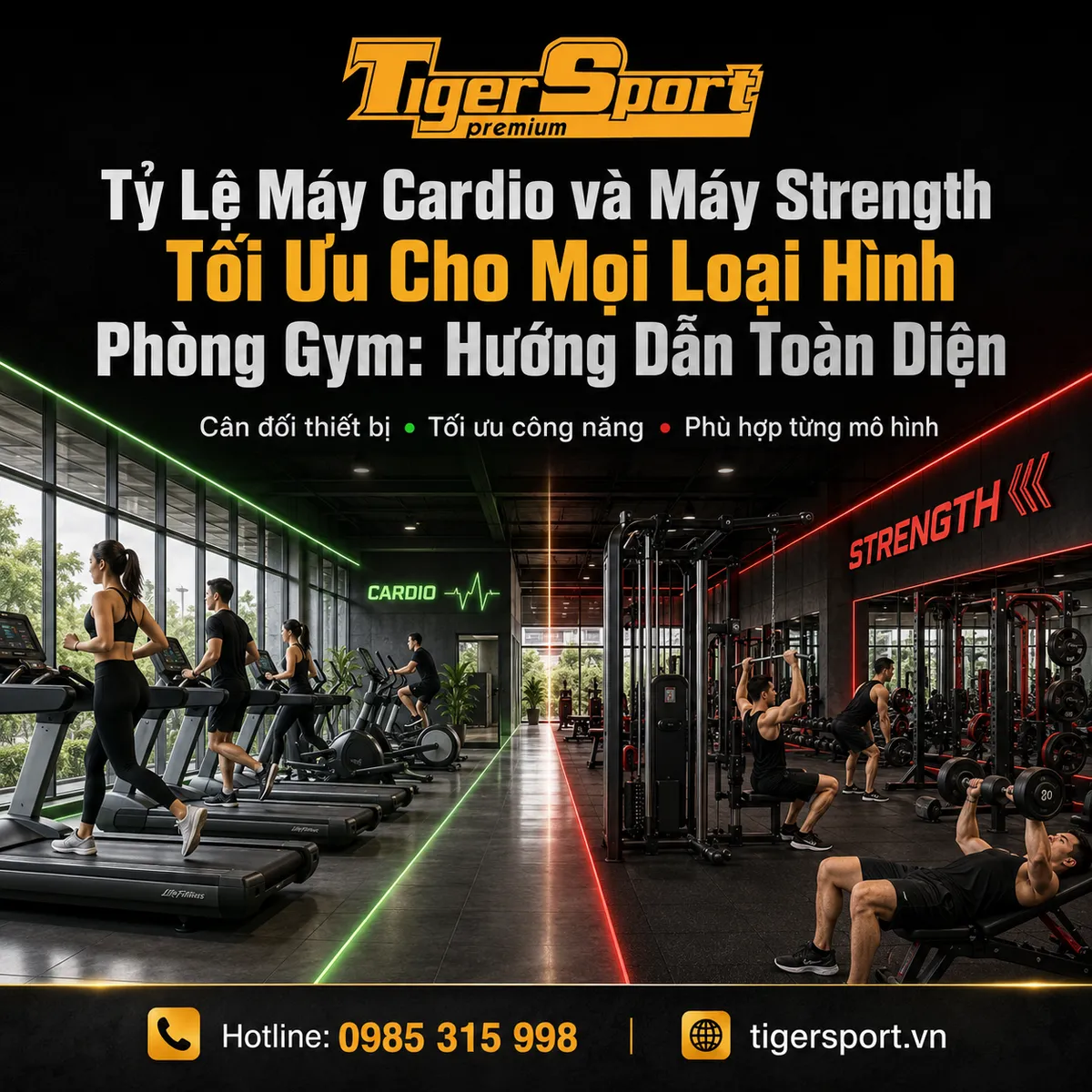 Hình ảnh tổng quan một phòng gym hiện đại, rộng rãi với sự cân bằng hoàn hảo giữa khu vực máy cardio và máy strength, mang lại trải nghiệm tập luyện tối ưu.