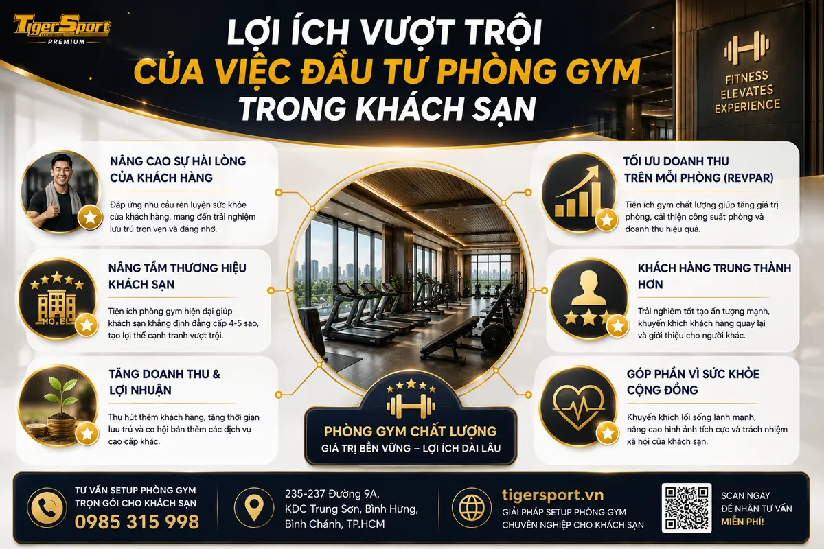 Infographic minh họa lợi ích của phòng gym khách sạn, bao gồm khách hàng hài lòng, nâng tầm khách sạn 5 sao và tăng doanh thu, giúp bạn hiểu rõ việc setup phòng gym khách sạn.