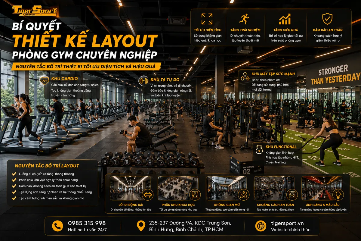 Tổng quan phòng gym được thiết kế chuyên nghiệp, bố trí thiết bị tập luyện hợp lý, tối ưu diện tích và hiệu quả sử dụng