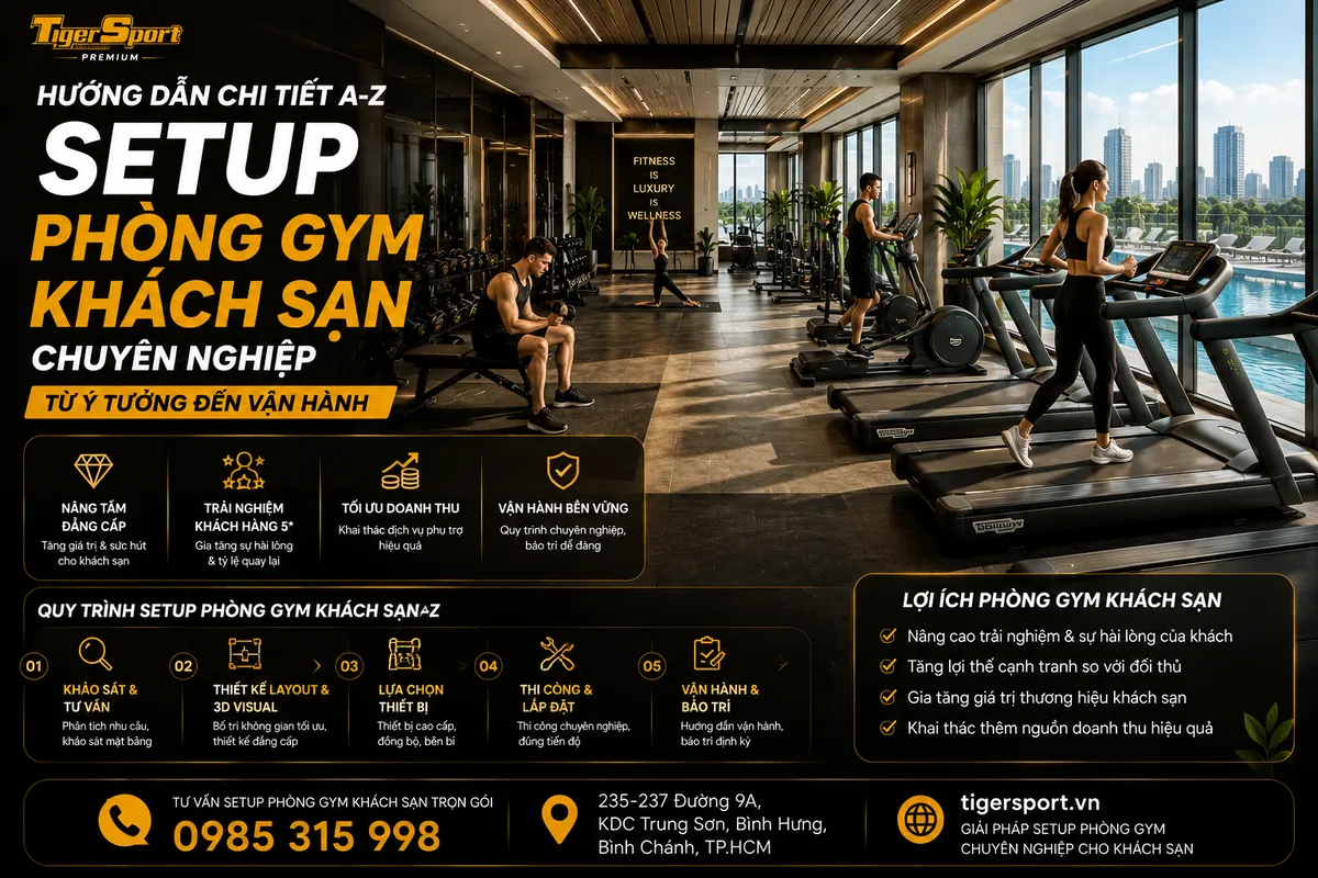 Phòng gym khách sạn hiện đại, sang trọng với các thiết bị cao cấp và khách đang tập luyện, minh họa hướng dẫn setup phòng gym khách sạn chuyên nghiệp.