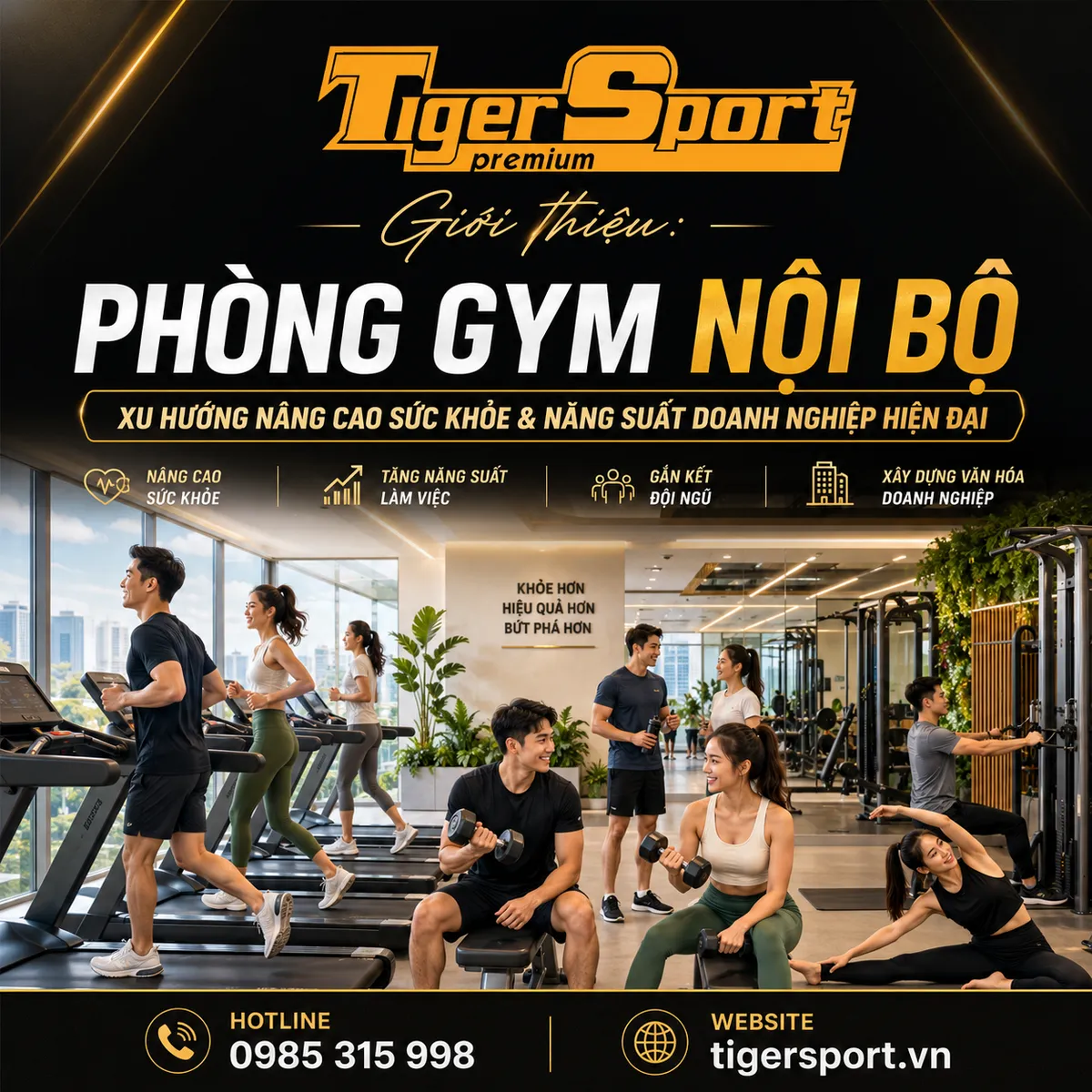 Hình ảnh phòng gym nội bộ hiện đại với nhân viên đang tập luyện vui vẻ, minh họa xu hướng nâng cao sức khỏe doanh nghiệp.