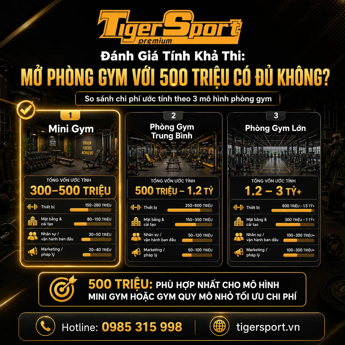 Biểu đồ so sánh chi phí mở các mô hình phòng gym: mini, trung bình, lớn, giúp đánh giá khả năng mở phòng gym với 500 triệu.