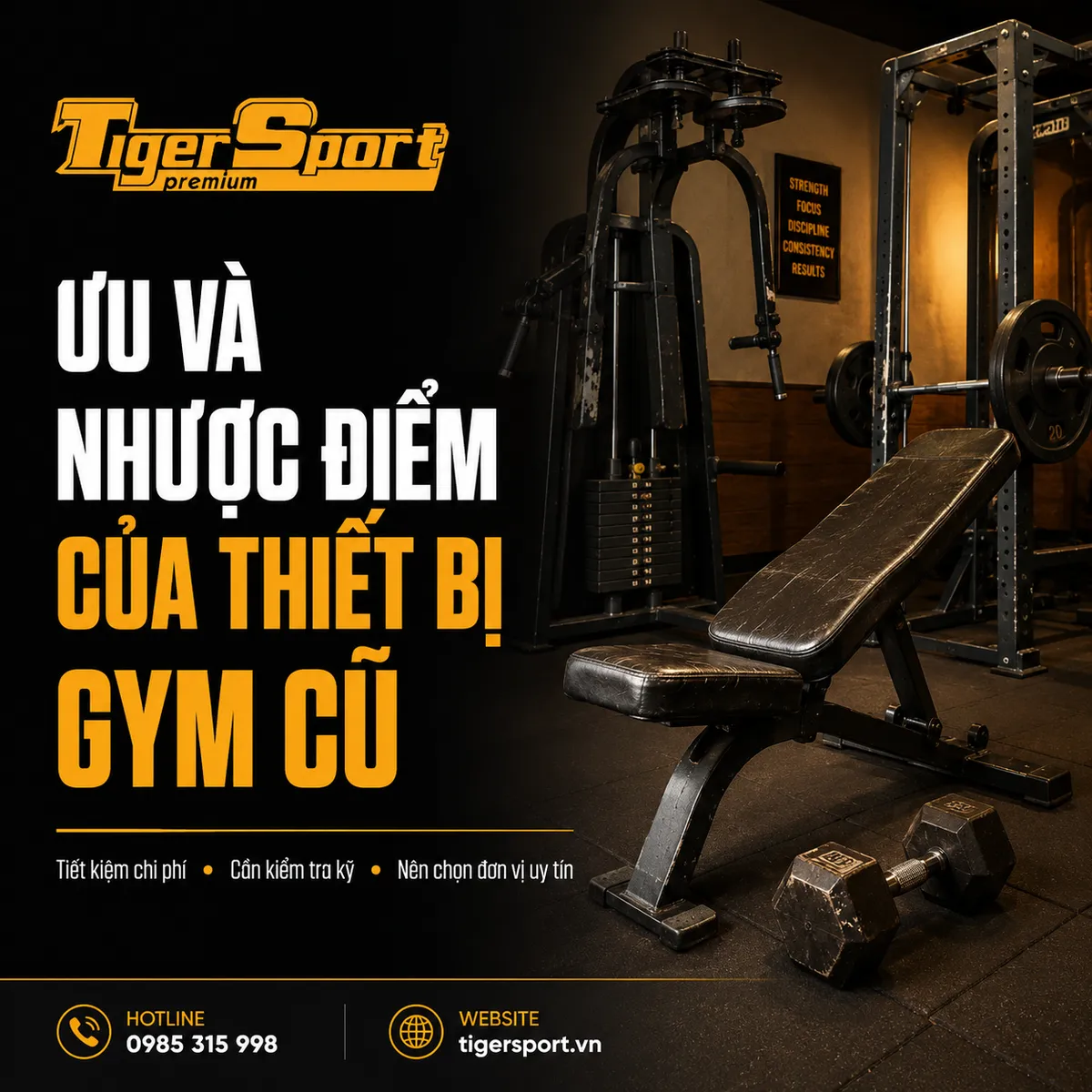 Góc phòng tập với các thiết bị gym cũ nhưng chất lượng tốt, minh họa ưu điểm về giá thành của thiết bị gym cũ.
