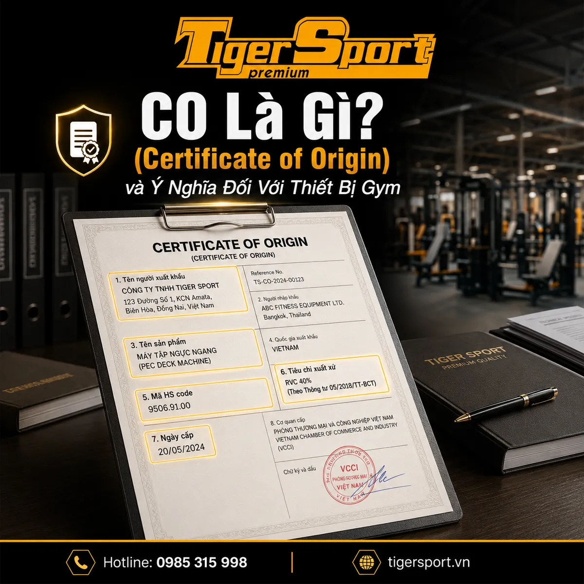 Mẫu chứng nhận xuất xứ CO (Certificate of Origin) của thiết bị gym, làm rõ nguồn gốc và xuất xứ của sản phẩm.