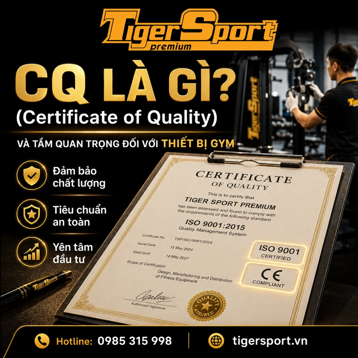 Mẫu chứng nhận chất lượng CQ (Certificate of Quality) cho thiết bị tập gym, với các chứng nhận ISO và CE nổi bật, đảm bảo chất lượng và an toàn.