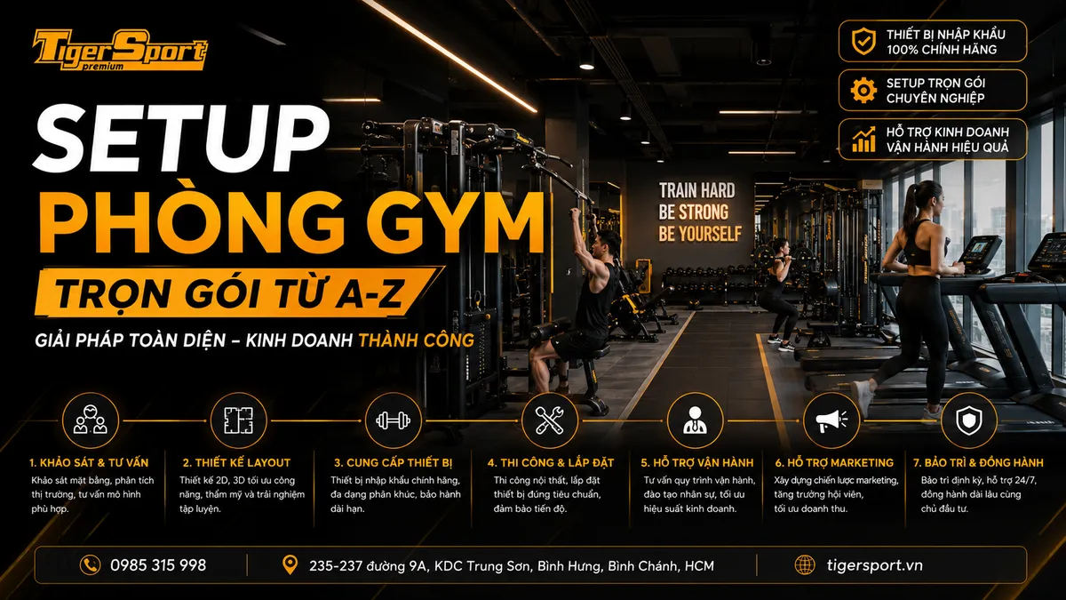 Hình ảnh tổng quan phòng gym hiện đại, chuyên nghiệp được setup trọn gói với thiết bị cao cấp, không gian tập luyện rộng rãi, thu hút hội viên.