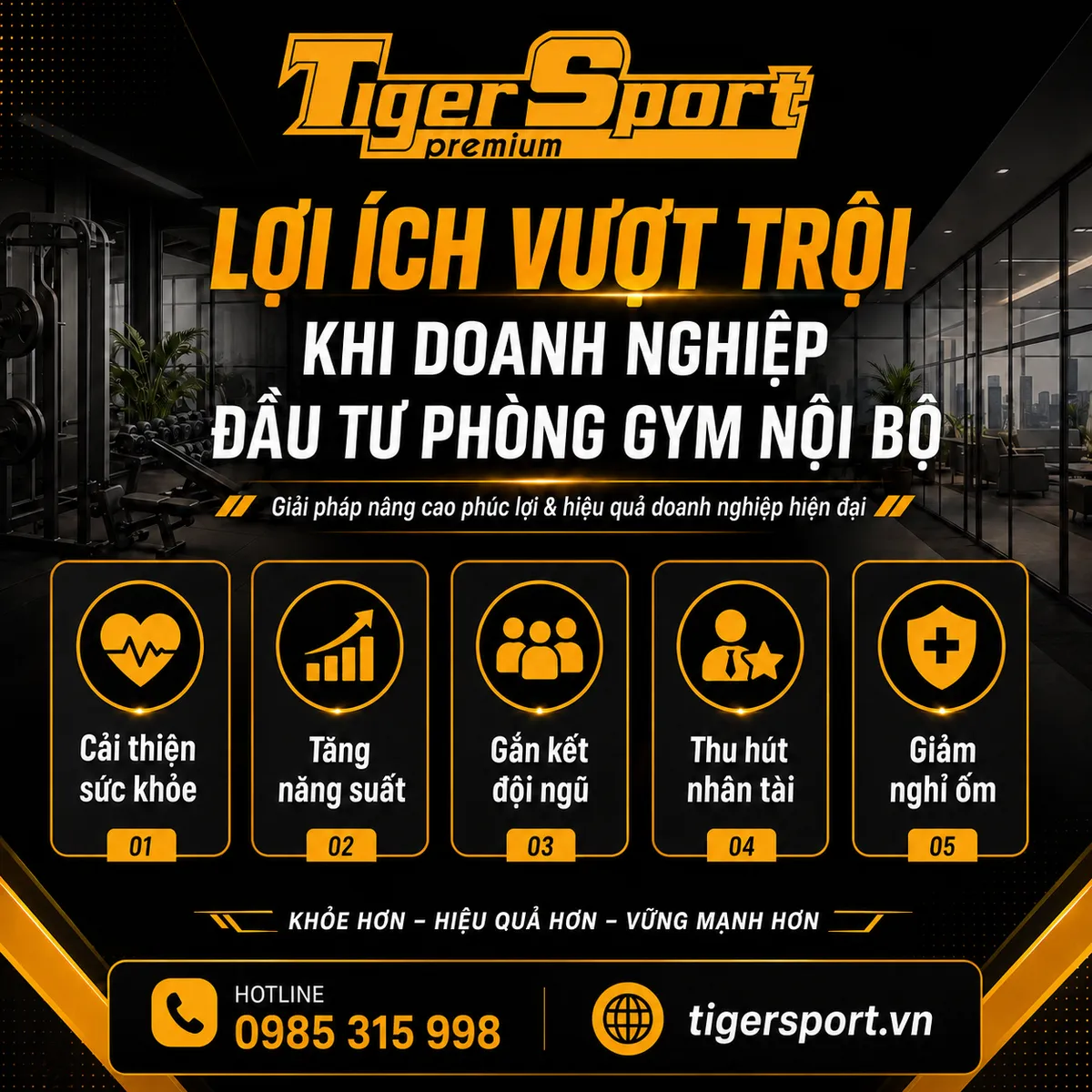 Infographic mô tả các lợi ích vượt trội của phòng gym nội bộ đối với sức khỏe nhân viên và hiệu quả doanh nghiệp.