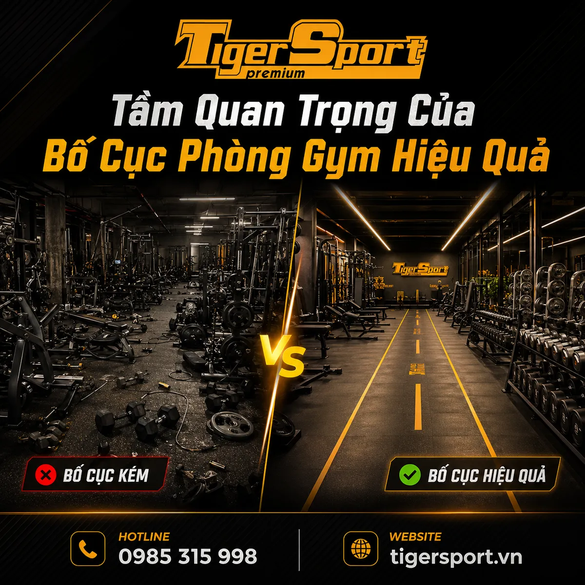 Hình ảnh so sánh phòng gym lộn xộn với phòng gym ngăn nắp, sạch sẽ, làm nổi bật lợi ích của cách bố trí máy tập gym khoa học và tầm quan trọng của bố cục hiệu quả.