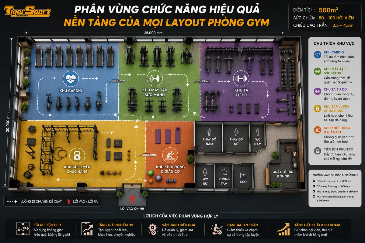 Infographic tổng quan về các tiêu chuẩn thiết kế phòng gym, minh họa yếu tố cần biết để setup gym chuyên nghiệp.