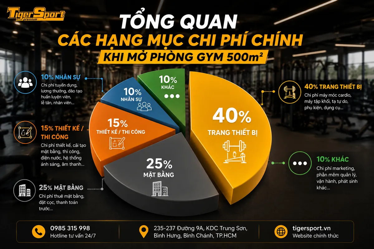 Biểu đồ phân bổ chi phí mở phòng gym 500m2, minh họa các hạng mục như thiết bị, mặt bằng, thiết kế, nhân sự.
