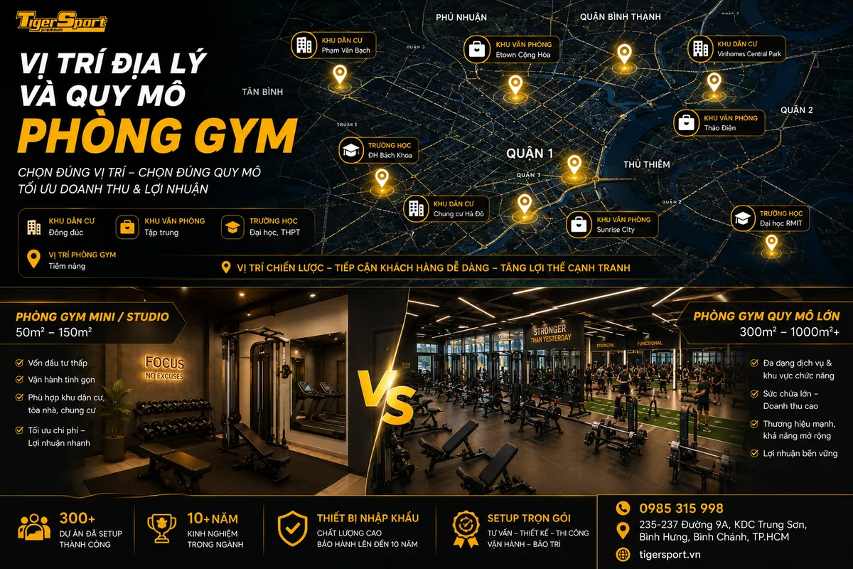 Bản đồ vị trí địa lý kinh doanh phòng gym và so sánh quy mô phòng gym nhỏ, lớn, ảnh hưởng đến lợi nhuận.