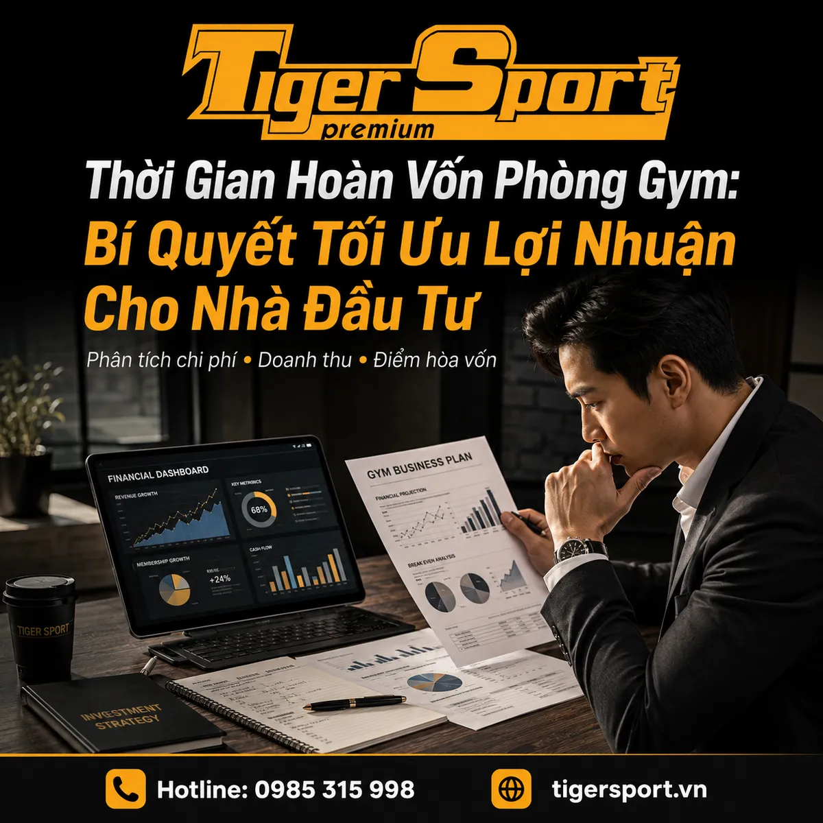 Nhà đầu tư chuyên nghiệp đang xem xét biểu đồ tài chính và kế hoạch kinh doanh để tối ưu hóa thời gian hoàn vốn phòng gym.
