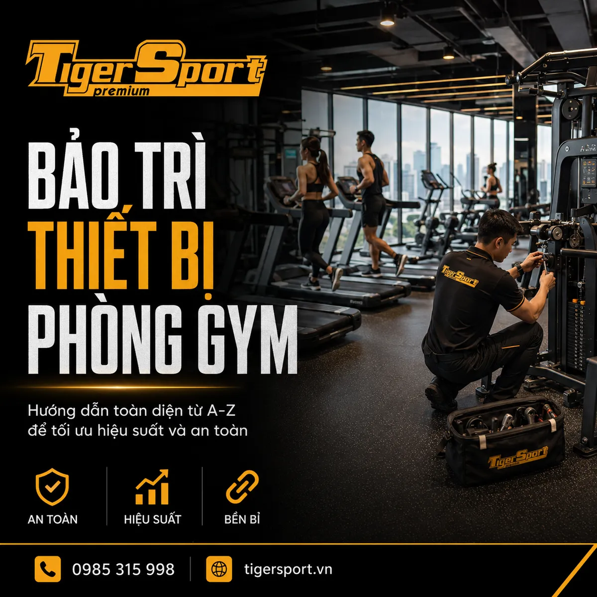 Hình ảnh tổng quan phòng gym hiện đại được bảo trì thiết bị phòng gym định kỳ, sạch sẽ và an toàn.