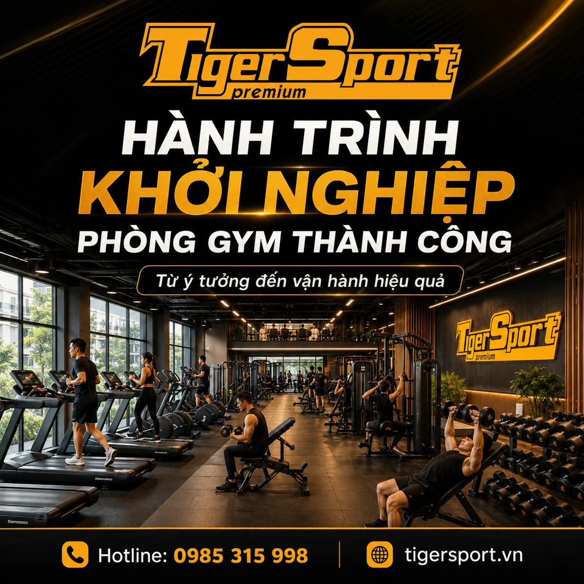 Hình ảnh tổng quan phòng gym hiện đại, đa dạng thiết bị, có người tập luyện, thể hiện sự thành công trong khởi nghiệp kinh doanh phòng gym.
