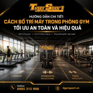 Hình ảnh tổng quan một phòng gym hiện đại, chuyên nghiệp với máy móc được bố trí khoa học, không gian rộng rãi, thoáng đãng, ánh sáng tốt, đảm bảo an toàn và hiệu quả tập luyện.