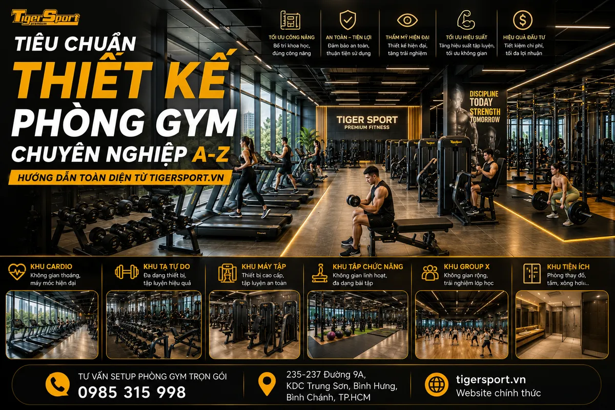 Hình ảnh tổng quan phòng gym hiện đại, tiêu chuẩn thiết kế phòng gym chuyên nghiệp với không gian rộng rãi và thiết bị cao cấp.