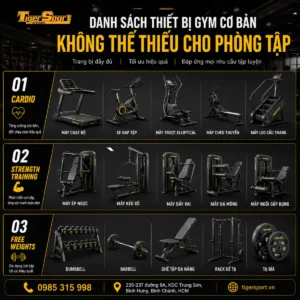 Tổng hợp các loại thiết bị gym được phân loại rõ ràng theo từng nhóm, minh họa danh sách thiết bị mở phòng gym chuyên nghiệp.
