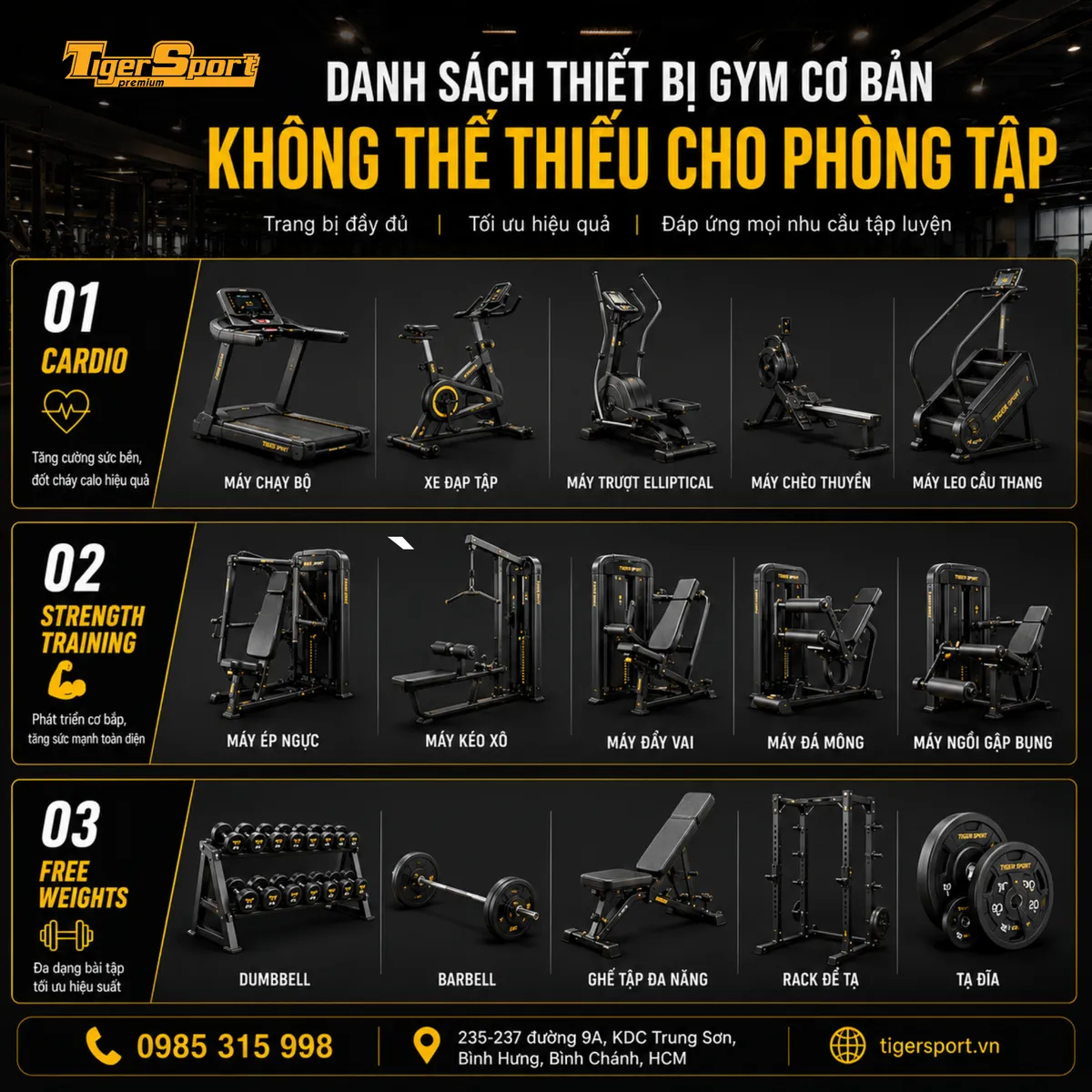 Tổng hợp các loại thiết bị gym được phân loại rõ ràng theo từng nhóm, minh họa danh sách thiết bị mở phòng gym chuyên nghiệp.