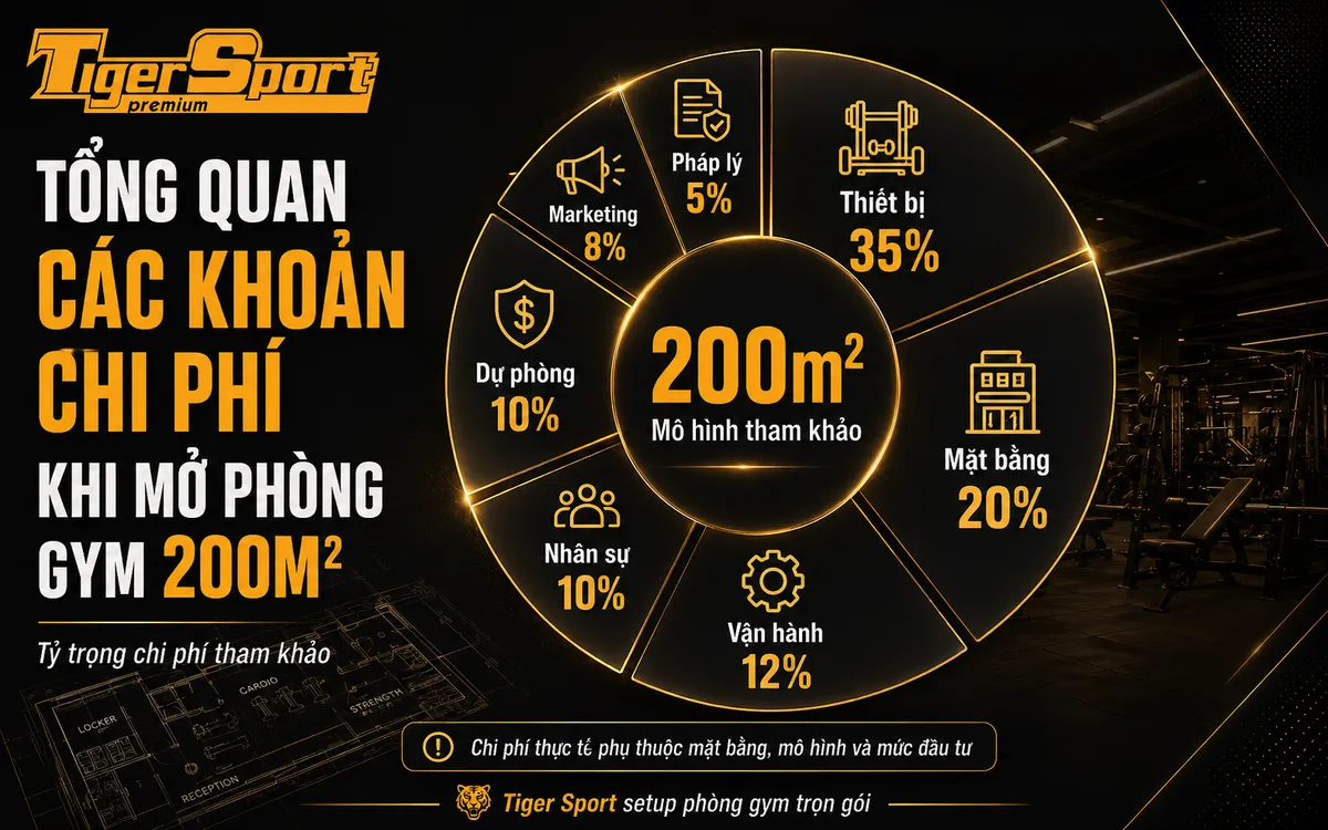 Infographic chi tiết các khoản chi phí chính cần thiết khi mở phòng gym 200m2, bao gồm mặt bằng, thiết bị, nhân sự, marketing, pháp lý, vận hành và dự phòng, giúp tối ưu hóa chi phí đầu tư.