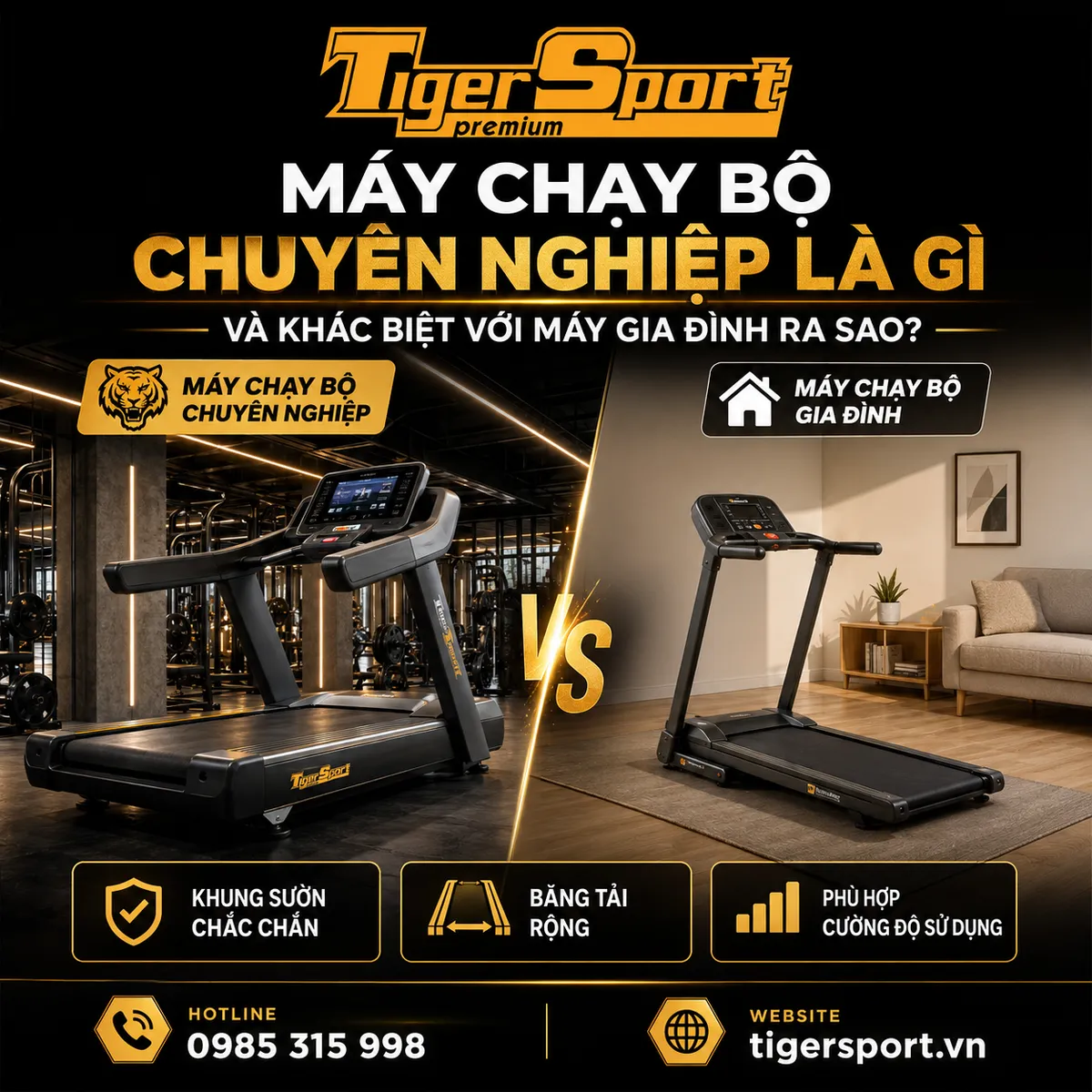 Hình ảnh so sánh máy chạy bộ chuyên nghiệp dành cho phòng gym và máy chạy bộ gia đình, làm nổi bật sự khác biệt về cấu tạo, động cơ và kích thước băng tải.