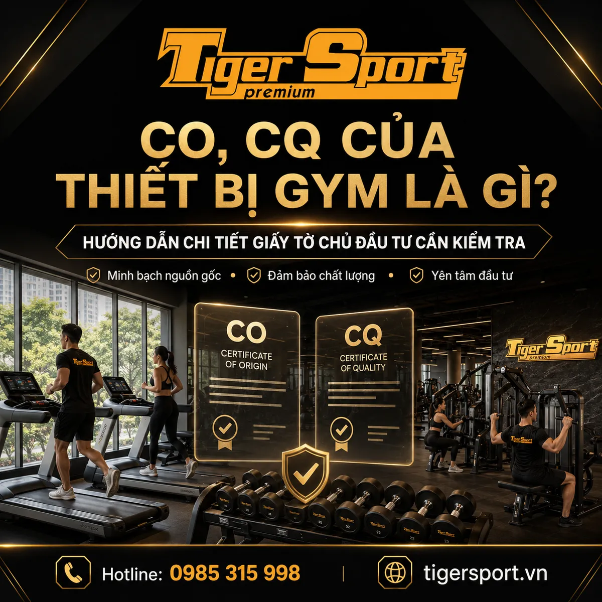 Phòng tập gym hiện đại với nhiều thiết bị tập luyện chất lượng cao, có chứng nhận CO và CQ, đảm bảo nguồn gốc và an toàn cho người sử dụng.