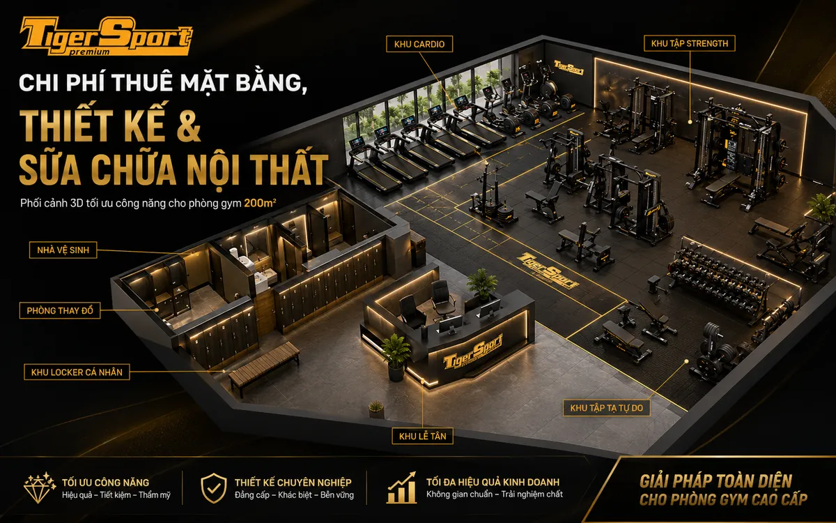 Hình ảnh phối cảnh 3D thiết kế nội thất phòng gym 200m2 hiện đại, thể hiện bố trí không gian và các khu vực chức năng, minh họa chi phí thiết kế và sửa chữa mặt bằng gym chuyên nghiệp.