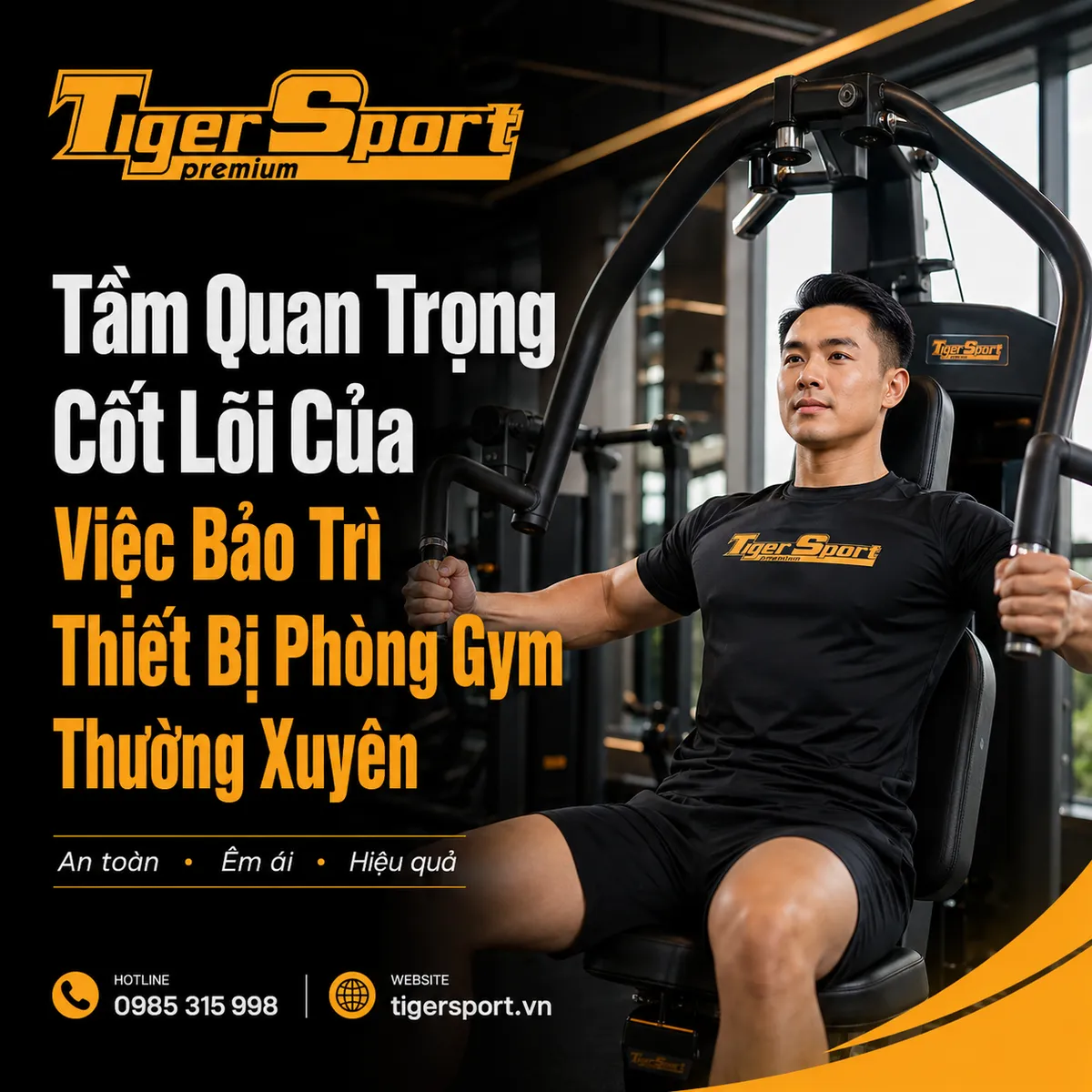 Người tập đang sử dụng thiết bị phòng gym một cách an toàn và thoải mái nhờ quá trình bảo trì thiết bị phòng gym thường xuyên.