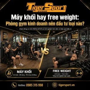 Hình ảnh tổng quan một phòng gym hiện đại trưng bày cả máy khối và free weight, minh họa cho quyết định đầu tư máy khối hay free weight: phòng gym kinh doanh nên đầu tư loại nào.