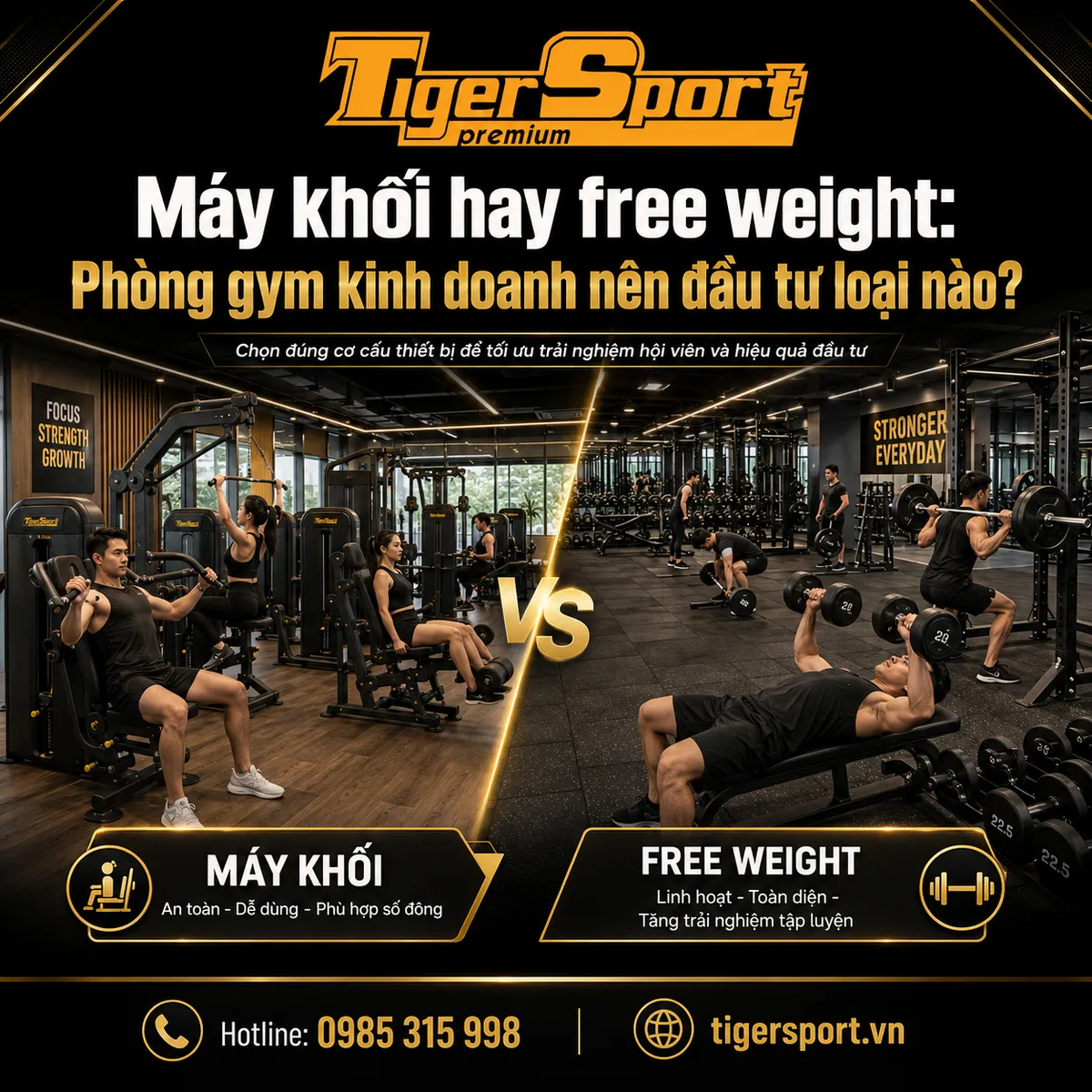 Hình ảnh tổng quan một phòng gym hiện đại trưng bày cả máy khối và free weight, minh họa cho quyết định đầu tư máy khối hay free weight: phòng gym kinh doanh nên đầu tư loại nào.