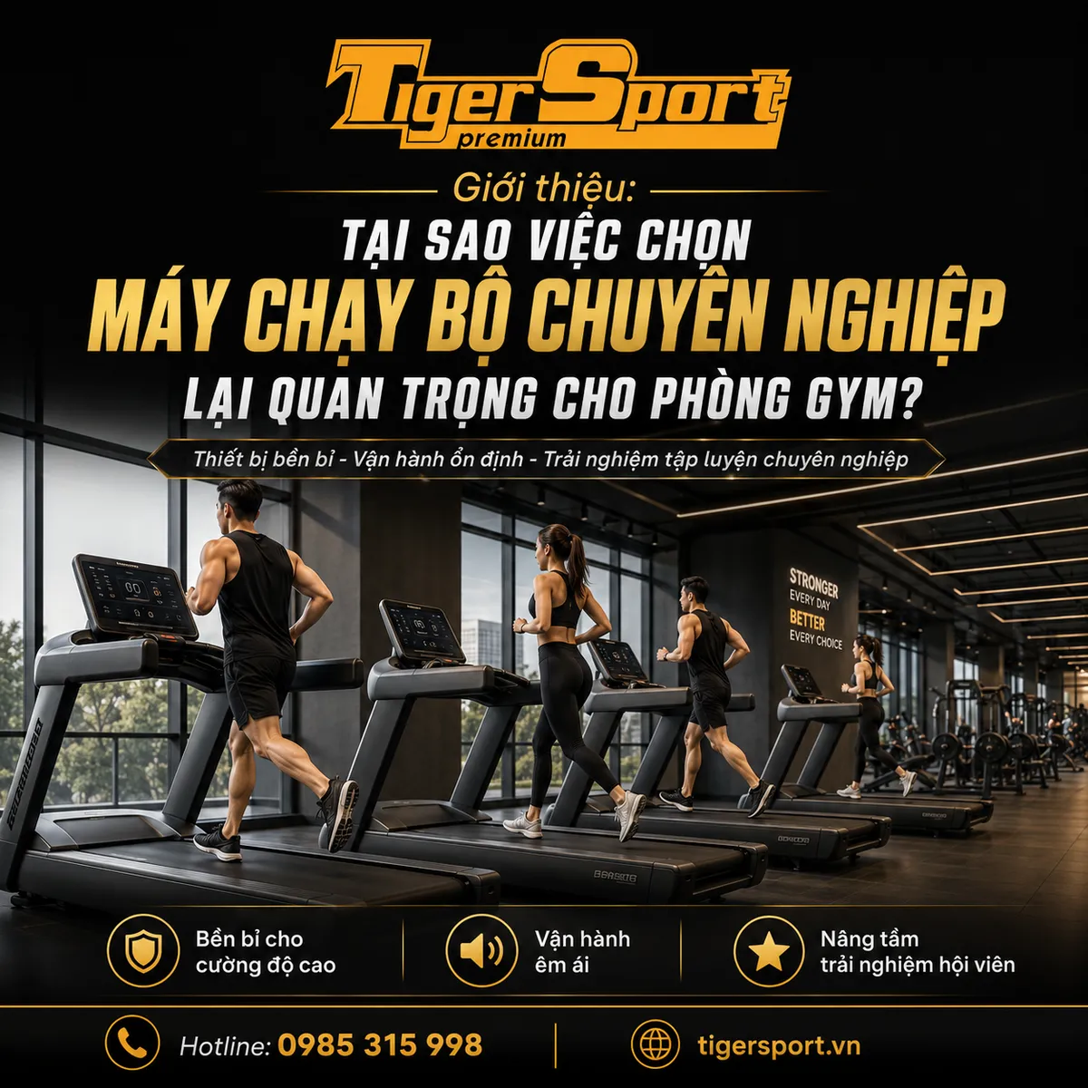 Hình ảnh tổng quan một phòng gym hiện đại với nhiều máy chạy bộ chuyên nghiệp đang hoạt động, nhấn mạnh tầm quan trọng của việc chọn máy chạy bộ phòng gym chất lượng cao.