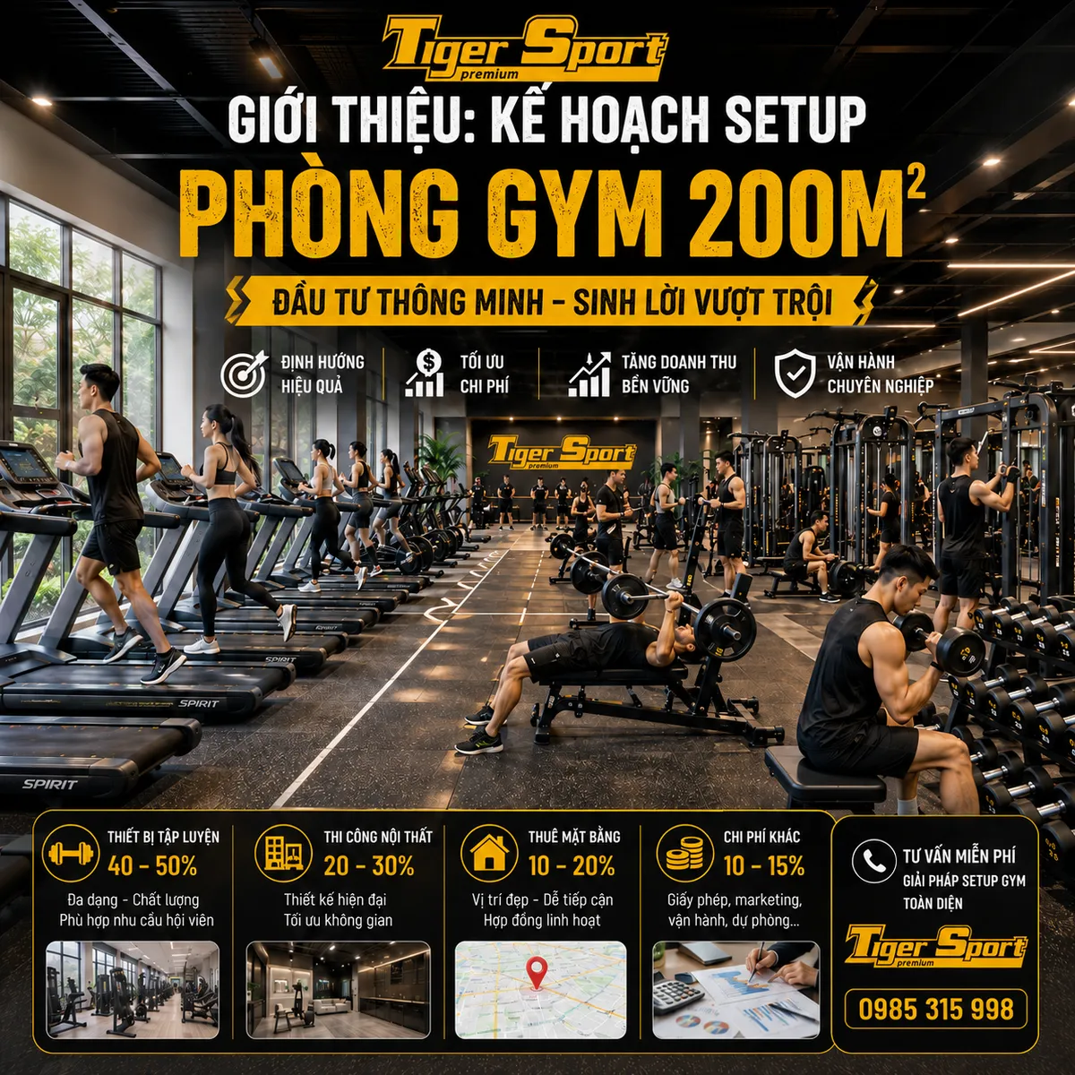 Tổng quan phòng gym hiện đại 200m2 với các khu vực tập luyện và người tập, minh họa kế hoạch setup phòng gym hiệu quả.