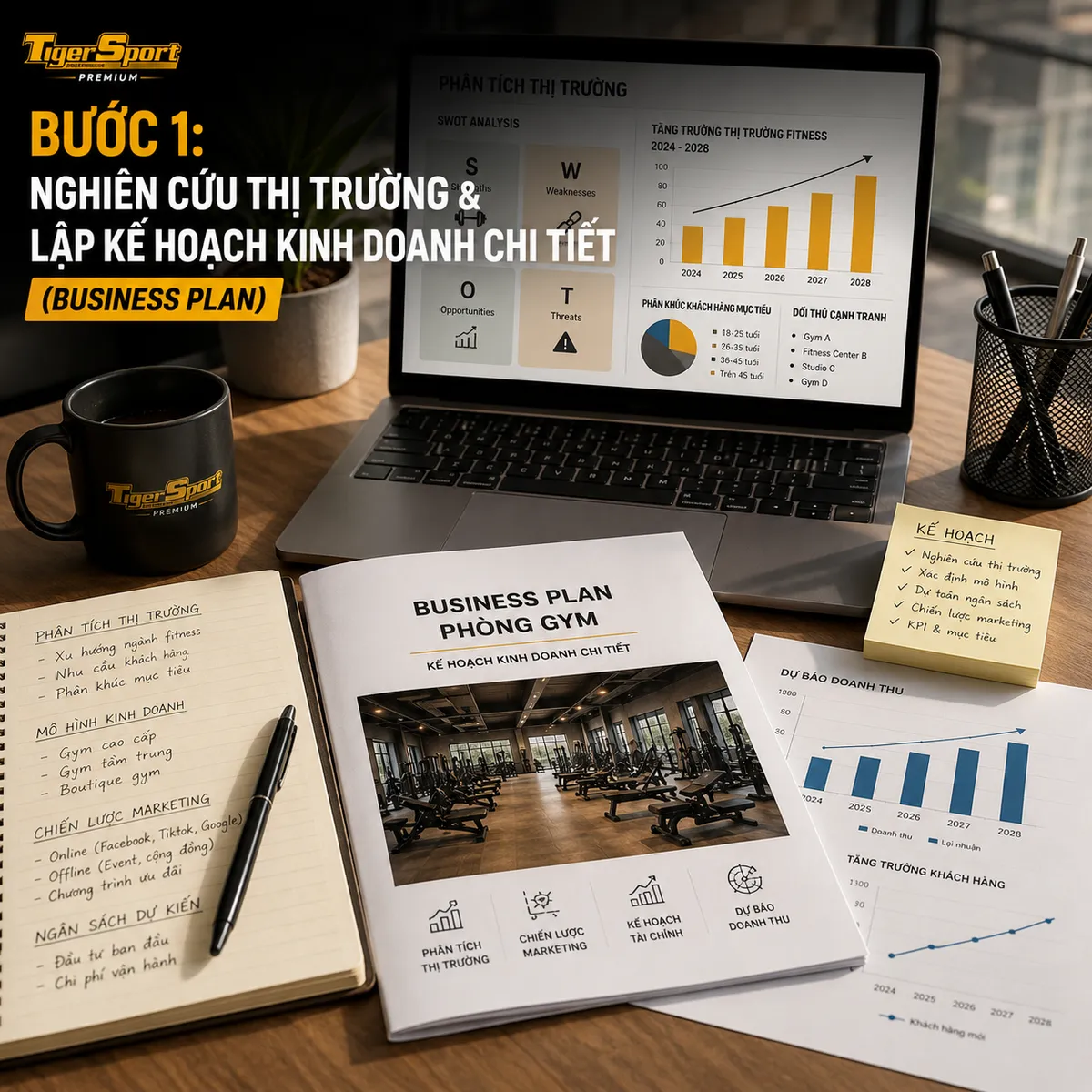 Biểu đồ phân tích thị trường chi tiết, sơ đồ kế hoạch kinh doanh phòng gym chuyên nghiệp và hiệu quả.