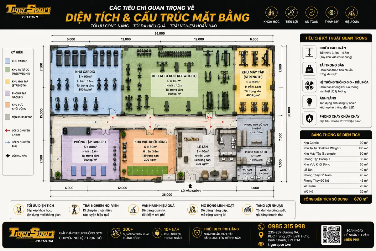 Bản vẽ mặt bằng phòng gym chuyên nghiệp với các khu chức năng Cardio, Free Weight, Group X được phân chia rõ ràng, chú thích chiều cao trần và tải trọng sàn, minh họa tiêu chí diện tích và cấu trúc mặt bằng gym.