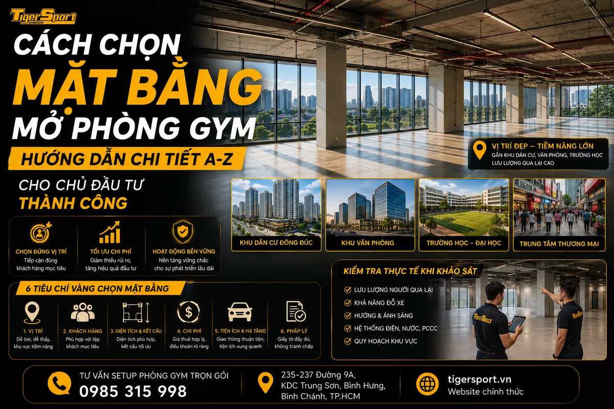 Hình ảnh phòng gym hiện đại, đông khách với vị trí đắc địa trong tòa nhà sang trọng, minh họa tầm quan trọng của việc chọn mặt bằng mở phòng gym thành công.