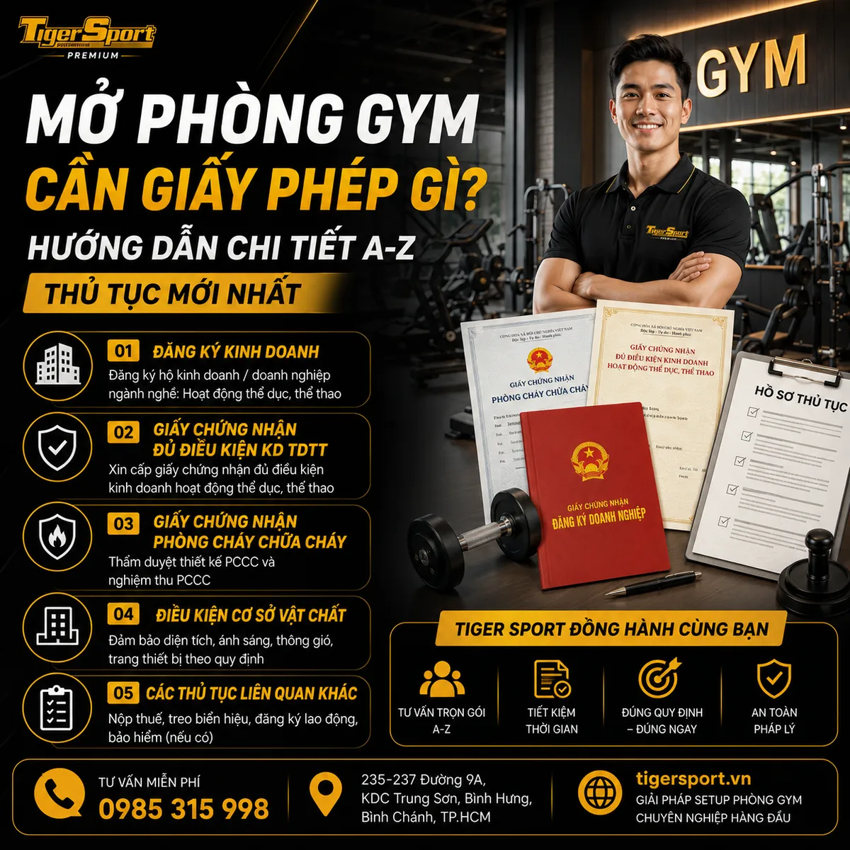 Hình ảnh tổng quan phòng gym hiện đại với người đang tập luyện, thể hiện sự chuyên nghiệp và an toàn khi mở phòng gym cần giấy phép gì.