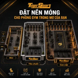 Hình ảnh tổng quan các loại hình phòng gym từ mini đến cao cấp, giúp hình dung diện tích tối thiểu để mở phòng gym.
