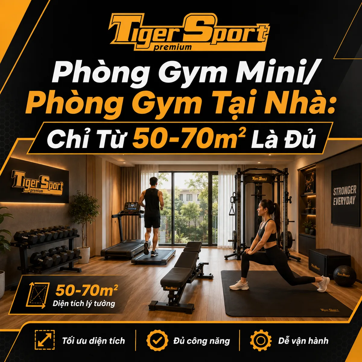 Phòng gym mini hoặc phòng tập gym tại nhà gọn gàng với thiết bị cơ bản, minh họa diện tích tối thiểu để mở phòng gym cá nhân.