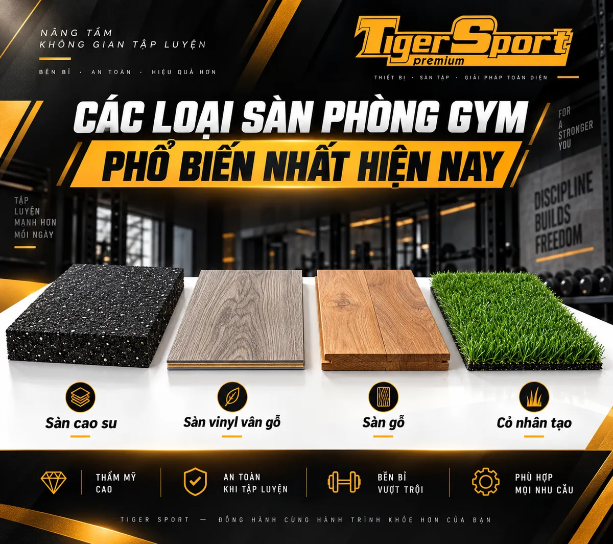 Các mẫu sàn phòng gym phổ biến: cao su, vinyl, sàn gỗ, thảm cỏ nhân tạo.