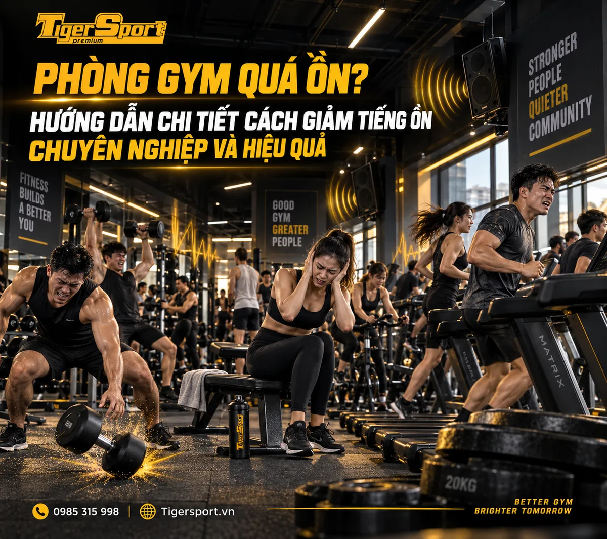 Phòng gym đông đúc ồn ào với nhiều thiết bị và người tập khó chịu, cần cách giảm tiếng ồn phòng gym hiệu quả.