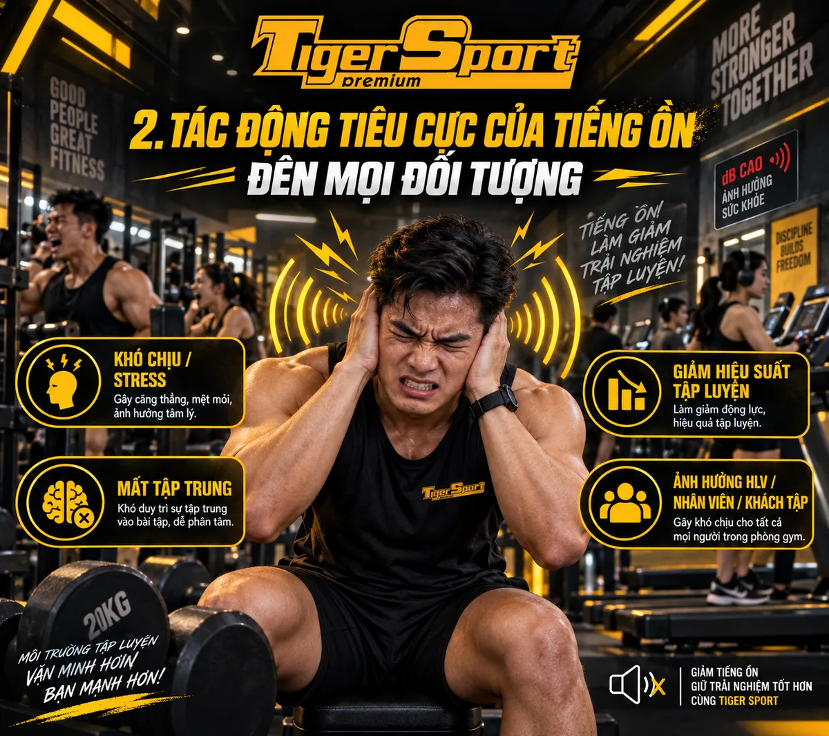 Người tập thể hiện sự khó chịu do tiếng ồn lớn trong phòng gym, minh họa tác động tiêu cực và nhu cầu giảm tiếng ồn.