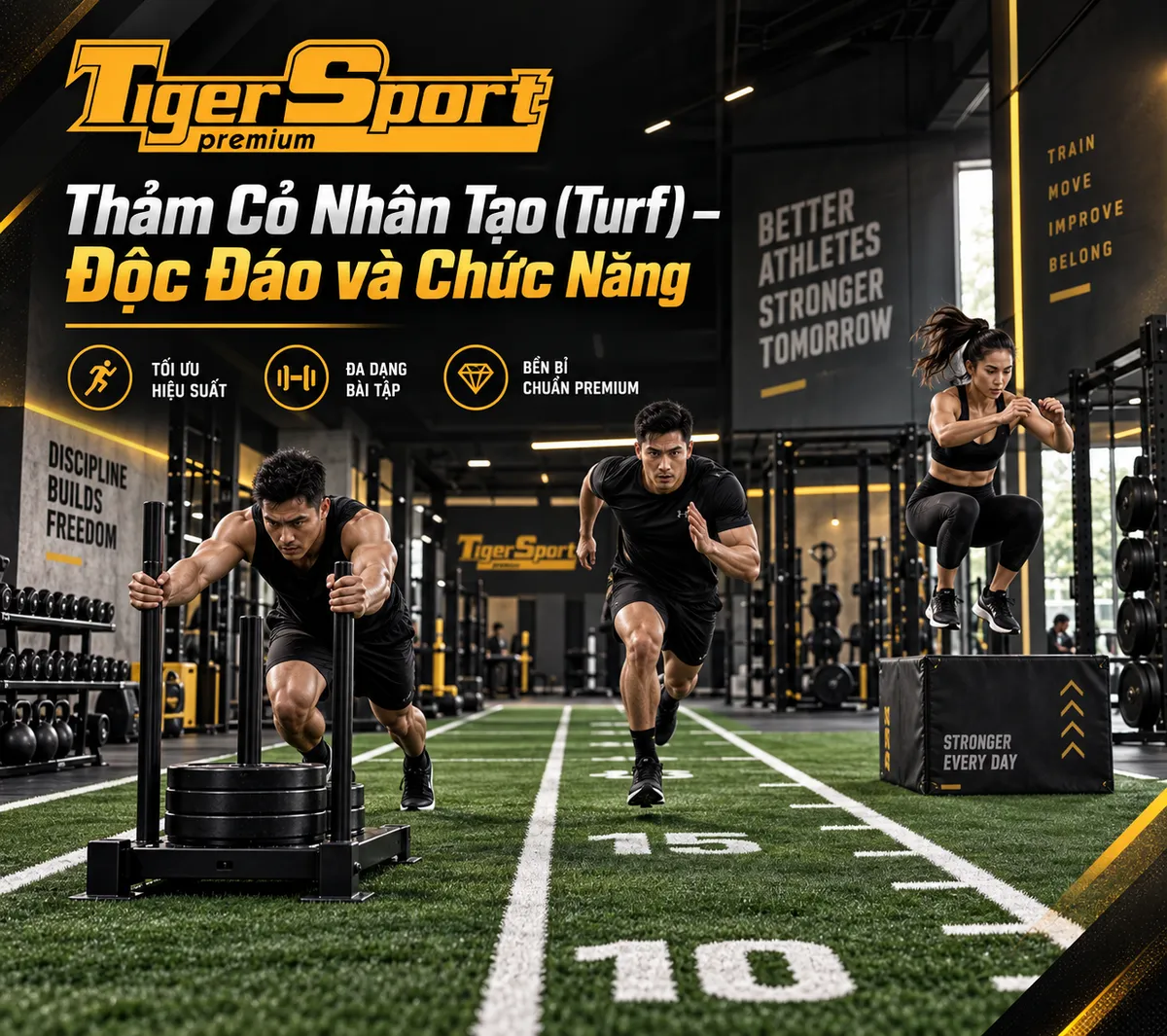 Thảm cỏ nhân tạo (turf) trong khu vực tập chức năng với vạch kẻ, hỗ trợ tập luyện năng động.