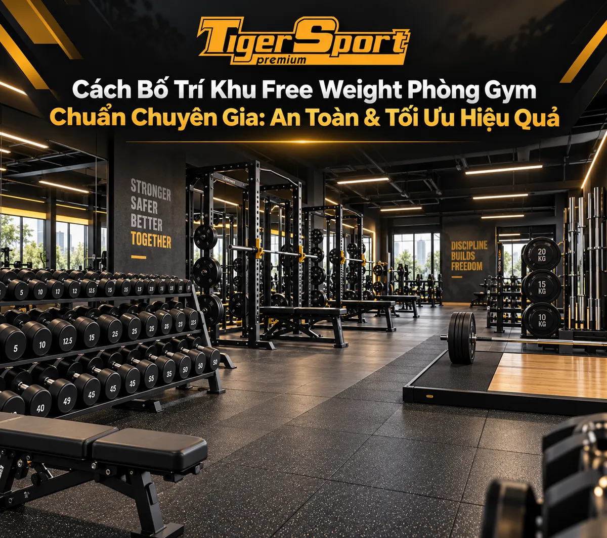 Hình ảnh phòng gym hiện đại với khu free weight bố trí khoa học, gọn gàng, tối ưu không gian và đảm bảo an toàn cho người tập, đúng tiêu chuẩn cách bố trí khu free weight phòng gym.