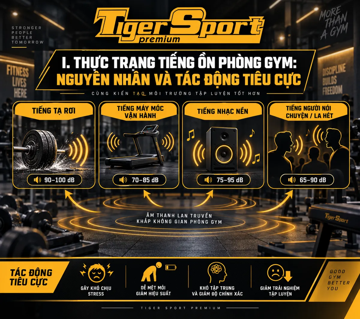 Infographic minh họa các nguồn tiếng ồn chính trong phòng gym: tạ, máy móc, nhạc và tiếng người, để tìm cách giảm tiếng ồn phòng gym.